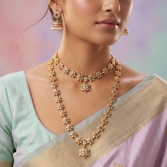 Heritage gold plated green and white stone long and short necklace with earrings HLS123