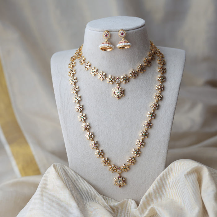 Heritage gold plated green and white stone long and short necklace with earrings HLS123