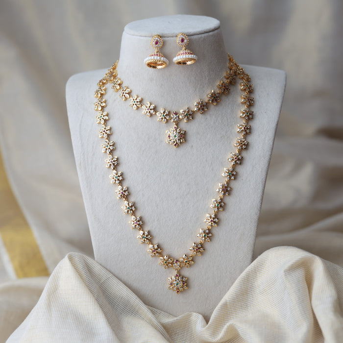 Heritage gold plated green and white stone long and short necklace with earrings HLS123