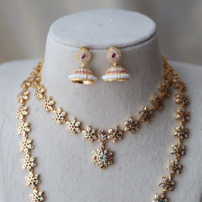 Heritage gold plated green and white stone long and short necklace with earrings HLS123