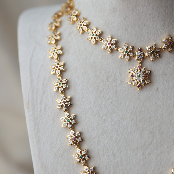 Heritage gold plated green and white stone long and short necklace with earrings HLS123