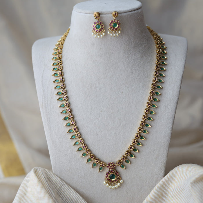 Antique green stone mango design long necklace with earrings LL02734