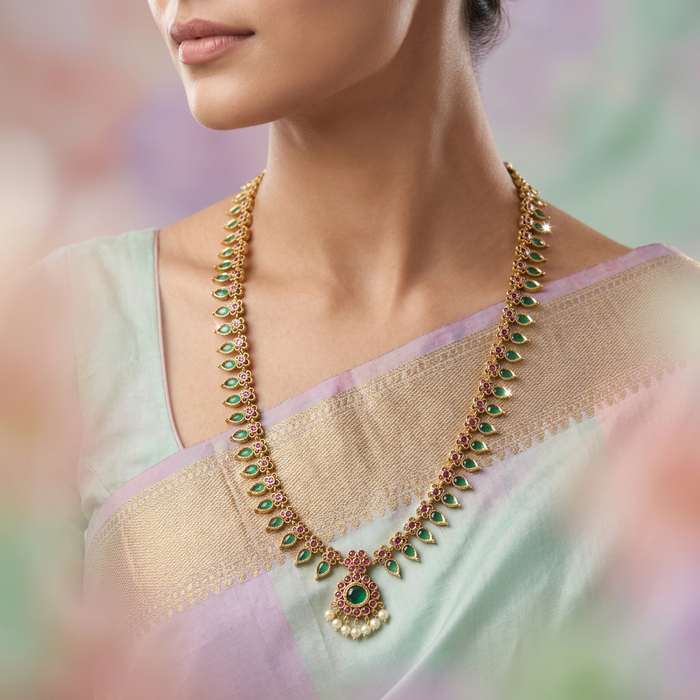 Antique green stone mango design long necklace with earrings LL02734