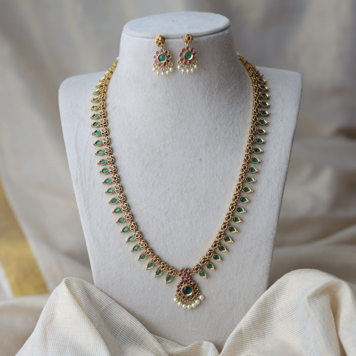 Antique green stone mango design long necklace with earrings LL02734