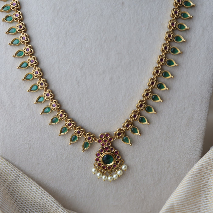 Antique green stone mango design long necklace with earrings LL02734