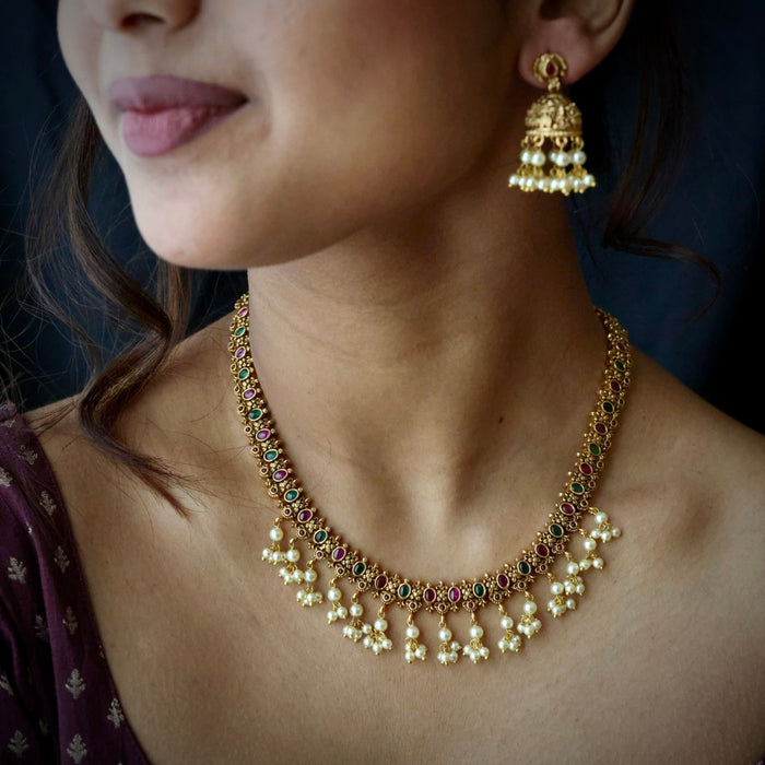 Antique short necklace with earrings TTS4712