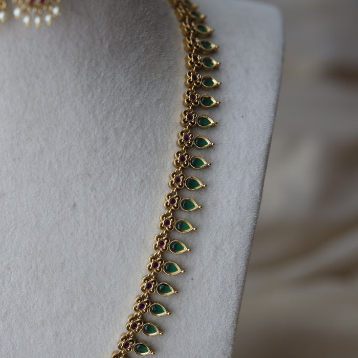 Antique green stone mango design long necklace with earrings LL02734