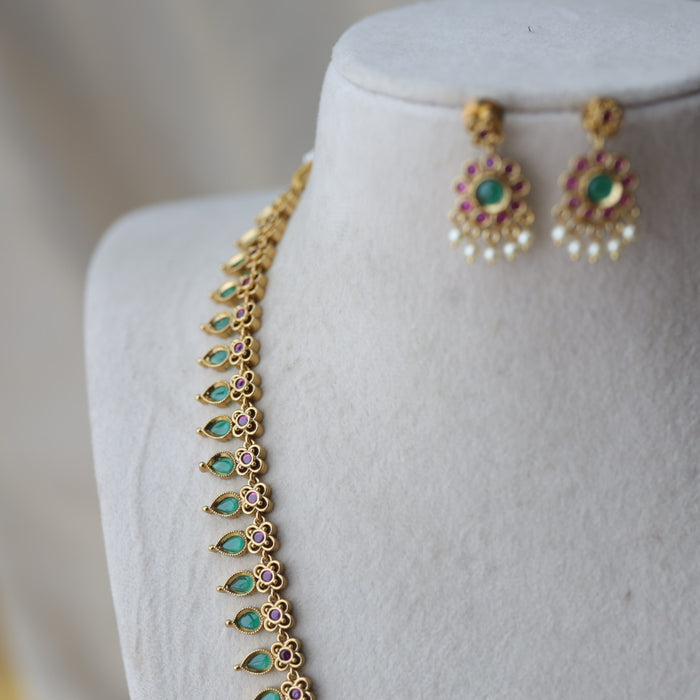 Antique green stone mango design long necklace with earrings LL02734
