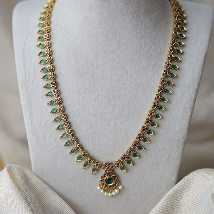 Antique green stone mango design long necklace with earrings LL02734