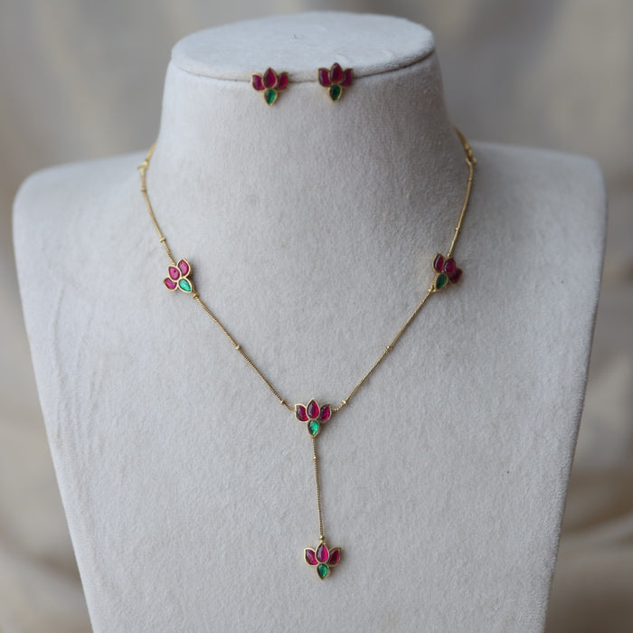 Antique ruby green stone mango design SHORT-necklace with earrings TTS42634