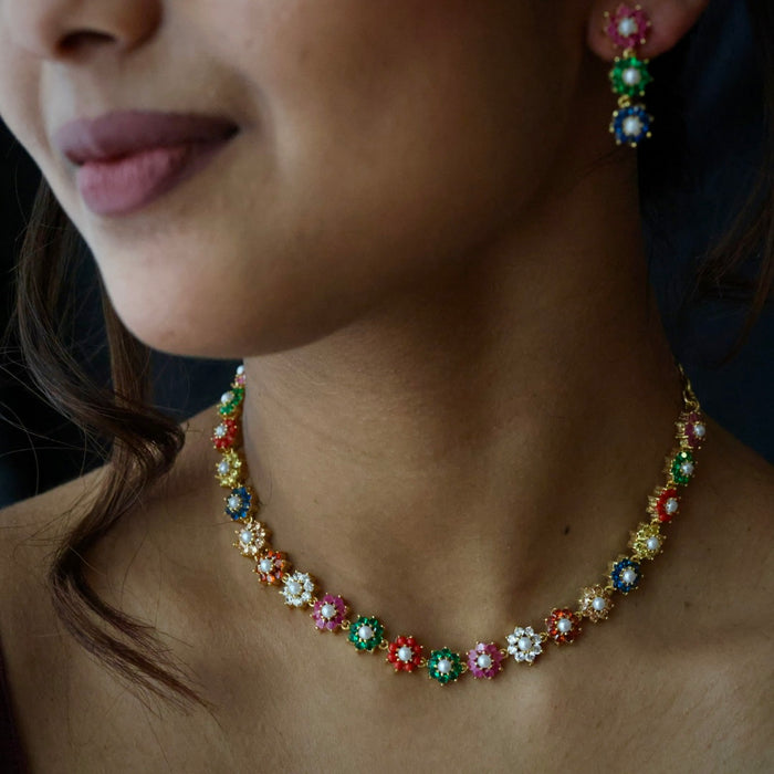 Heritage gold plated navarathna stone short necklace  with earrings H1321