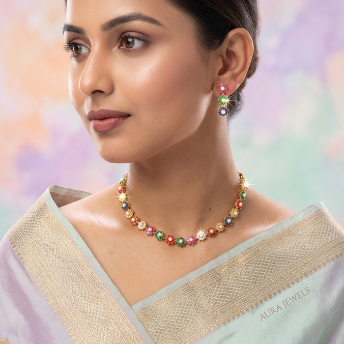 Heritage gold plated navarathna stone short necklace  with earrings H1321