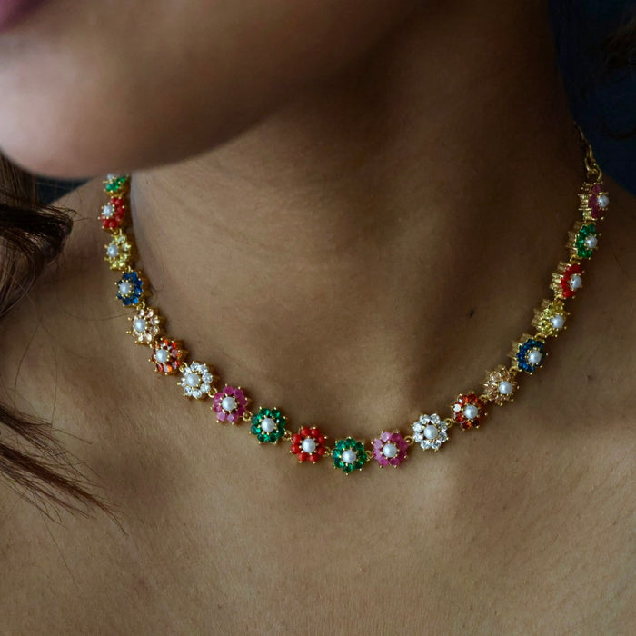 Heritage gold plated navarathna stone short necklace  with earrings H1321