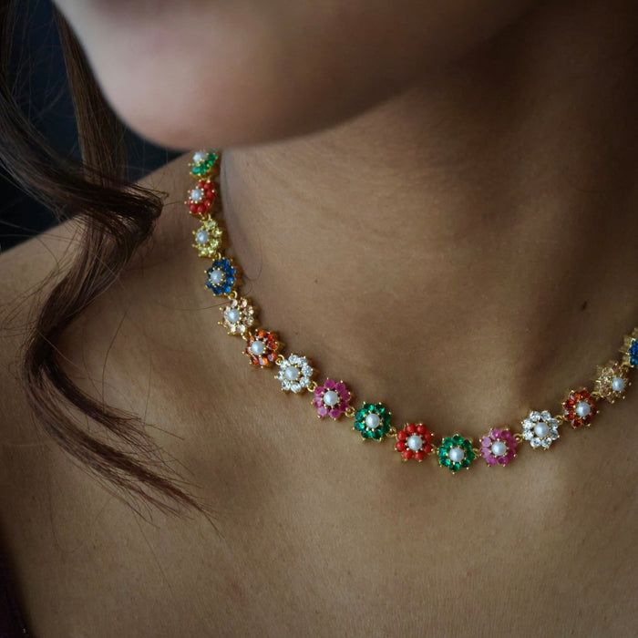 Heritage gold plated navarathna stone short necklace  with earrings H1321