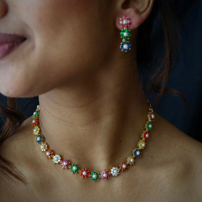 Heritage gold plated navarathna stone short necklace  with earrings H1321