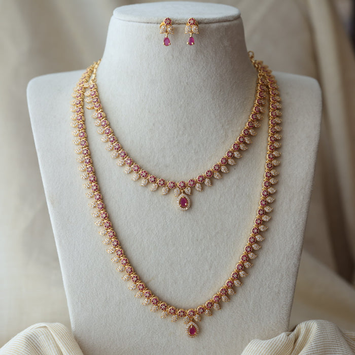 Heritage gold plated ruby white stone long and short necklace with earrings HLS42