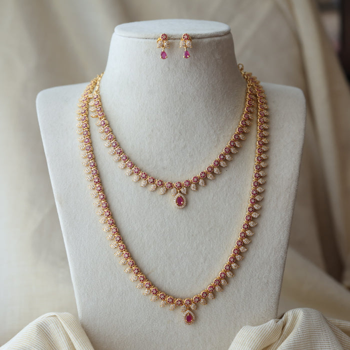 Heritage gold plated ruby white stone long and short necklace with earrings HLS42