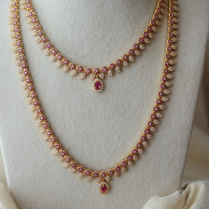 Heritage gold plated ruby white stone long and short necklace with earrings HLS42