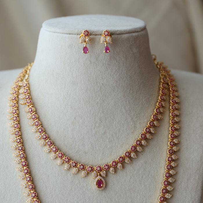 Heritage gold plated ruby white stone long and short necklace with earrings HLS42