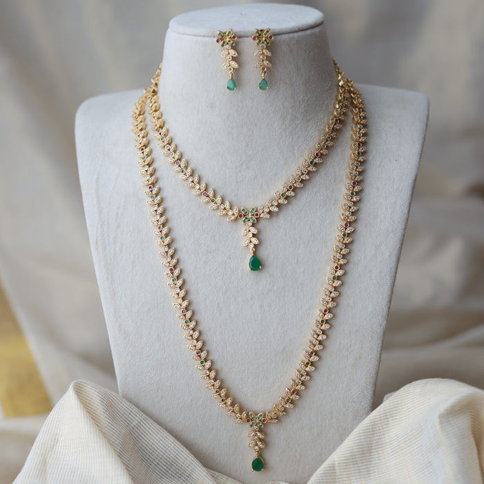 Heritage gold plated ruby green and white stone long and short necklace with earrings HLS1223