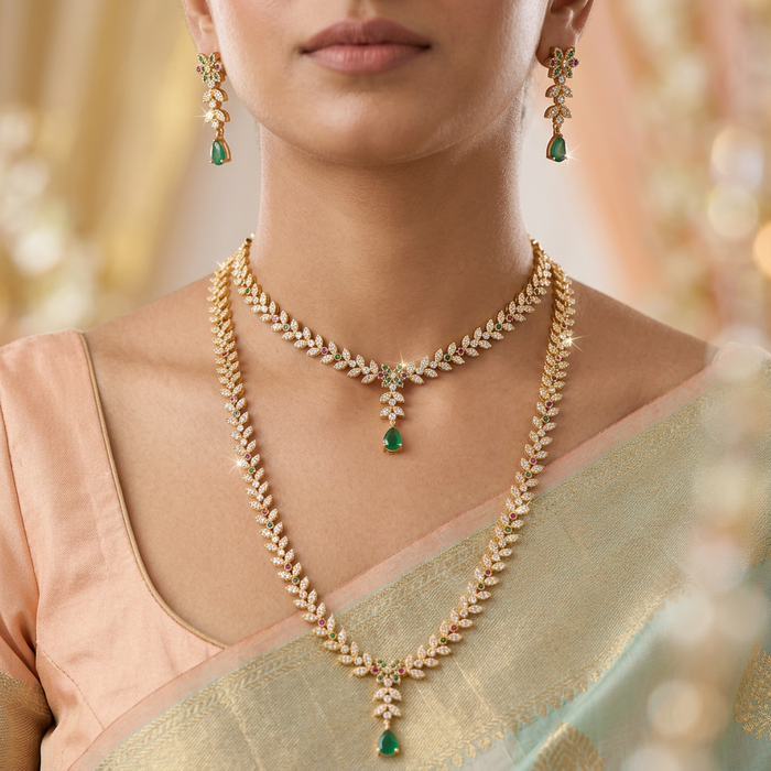 Heritage gold plated ruby green and white stone long and short necklace with earrings HLS1223