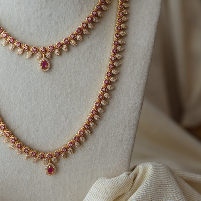 Heritage gold plated ruby white stone long and short necklace with earrings HLS42