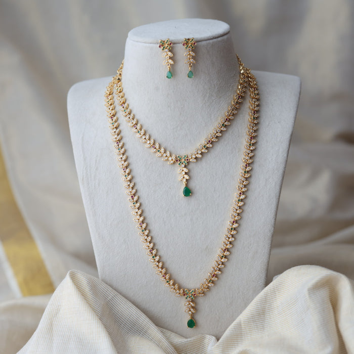 Heritage gold plated ruby green and white stone long and short necklace with earrings HLS1223