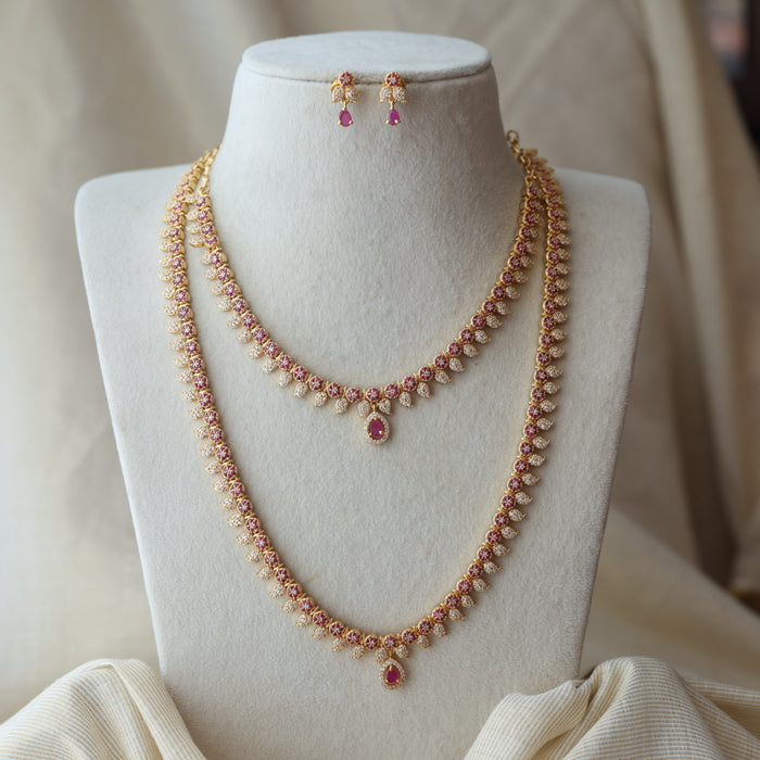 Heritage gold plated ruby white stone long and short necklace with earrings HLS42