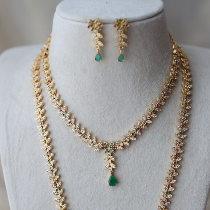 Heritage gold plated ruby green and white stone long and short necklace with earrings HLS1223