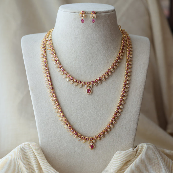 Heritage gold plated ruby white stone long and short necklace with earrings HLS42