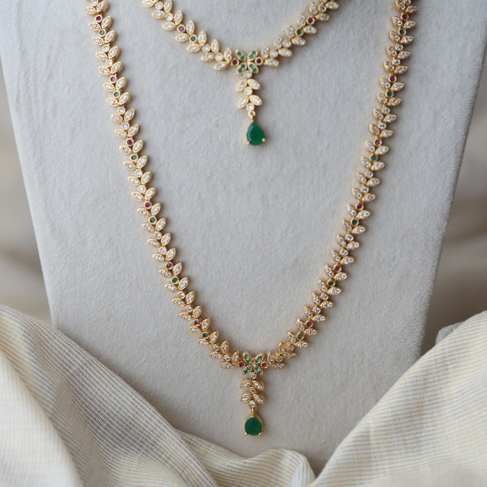 Heritage gold plated ruby green and white stone long and short necklace with earrings HLS1223
