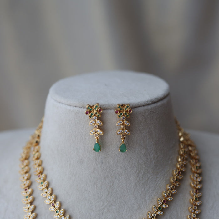 Heritage gold plated ruby green and white stone long and short necklace with earrings HLS1223