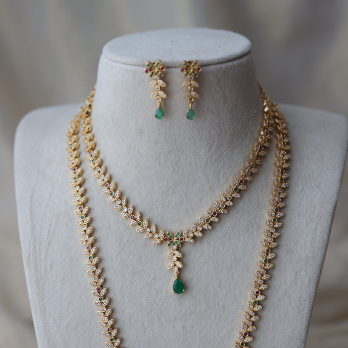 Heritage gold plated ruby green and white stone long and short necklace with earrings HLS1223