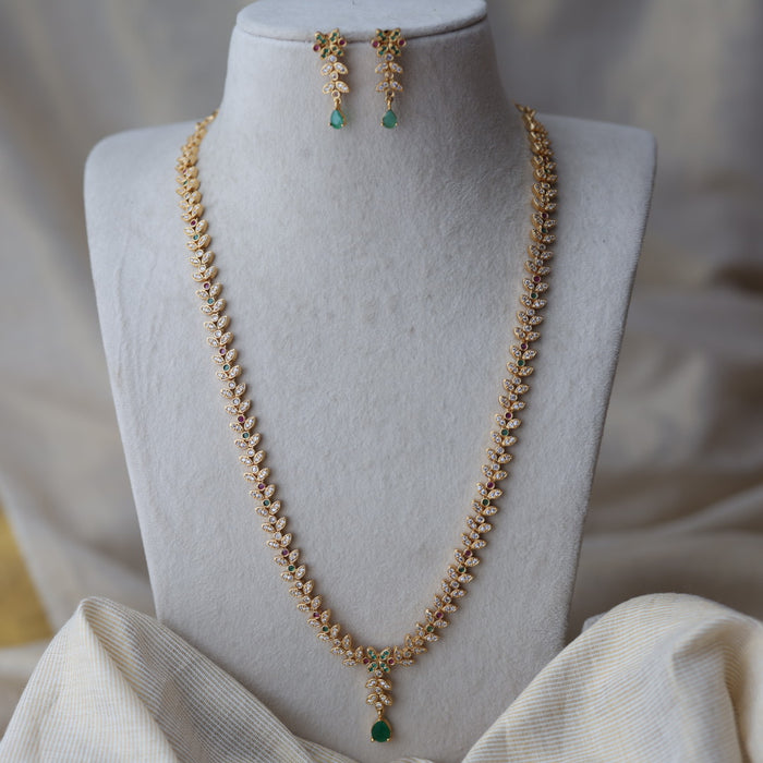 Heritage gold plated ruby green and white stone long and short necklace with earrings HLS1223