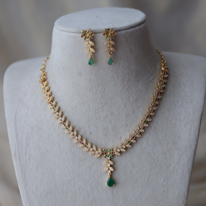 Heritage gold plated ruby green and white stone long and short necklace with earrings HLS1223