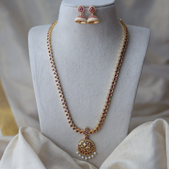 Heritage gold plated ruby stone long necklace with earrings RUB662