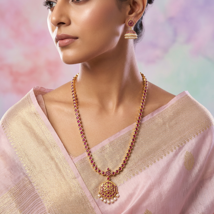 Heritage gold plated ruby stone long necklace with earrings RUB662