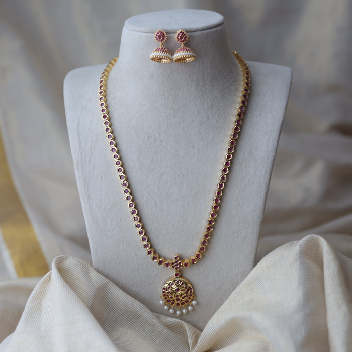 Heritage gold plated ruby stone long necklace with earrings RUB662