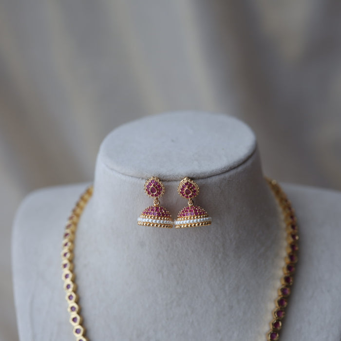 Heritage gold plated ruby stone long necklace with earrings RUB662