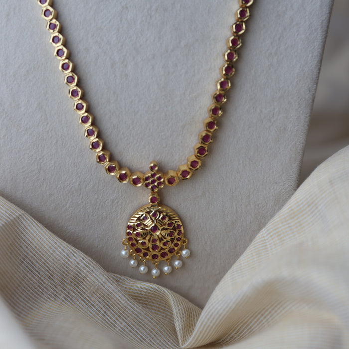 Heritage gold plated ruby stone long necklace with earrings RUB662