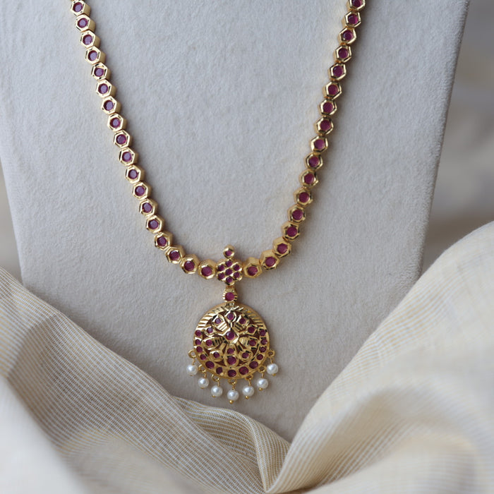 Heritage gold plated ruby stone long necklace with earrings RUB662