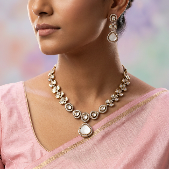Trendy white stone necklace and earrings TW435