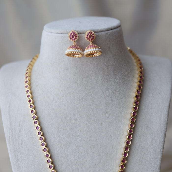 Heritage gold plated ruby stone long necklace with earrings RUB662