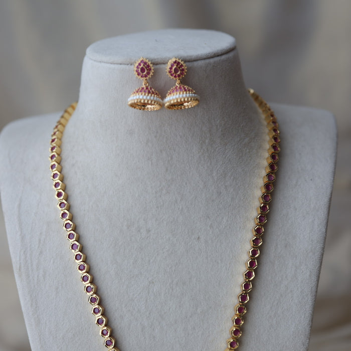 Heritage gold plated ruby stone long necklace with earrings RUB662