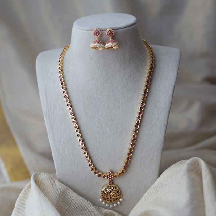 Heritage gold plated ruby stone long necklace with earrings RUB662