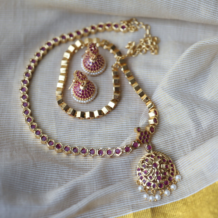 Heritage gold plated ruby stone long necklace with earrings RUB662