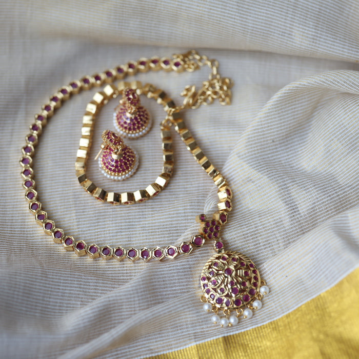 Heritage gold plated ruby stone long necklace with earrings RUB662