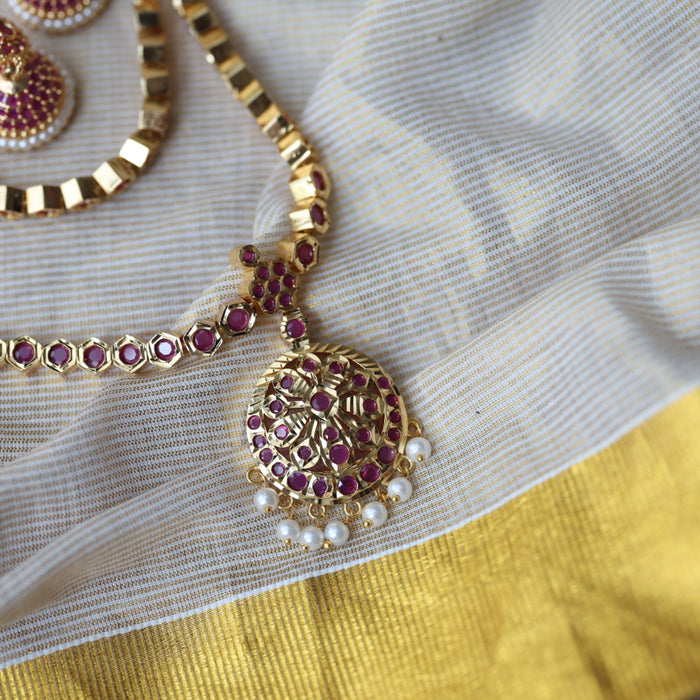 Heritage gold plated ruby stone long necklace with earrings RUB662