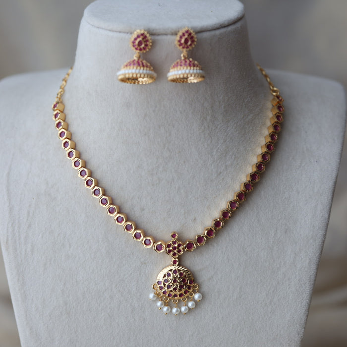 Heritage gold plated ruby stone short necklace with earrings RUB663