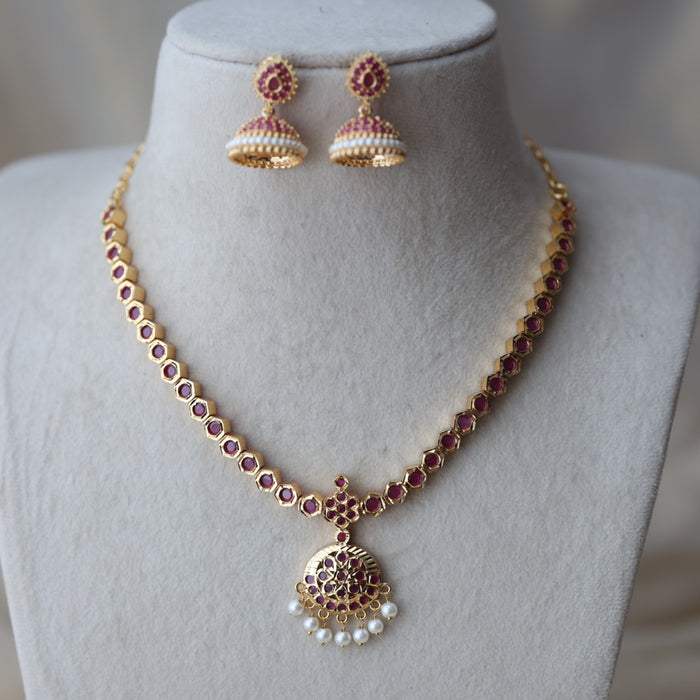 Heritage gold plated ruby stone short necklace with earrings RUB663